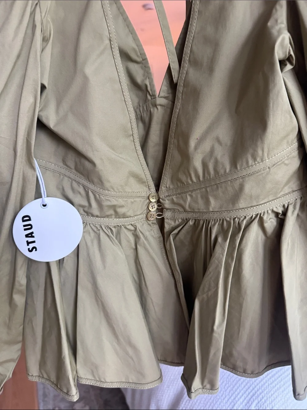 STAUD Olive Green V-Neck Peplum Blouse with Tie-Back